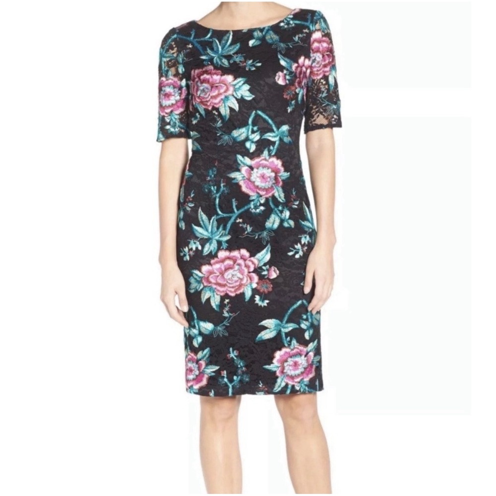 Eliza J. Boatneck Black Lace & Floral Embroidery Elegant Sheath Dress Size 6
